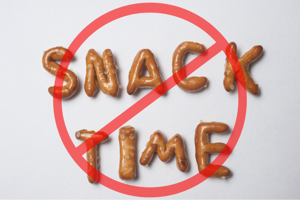 snack time written using pretzels with a red no sign overtop
