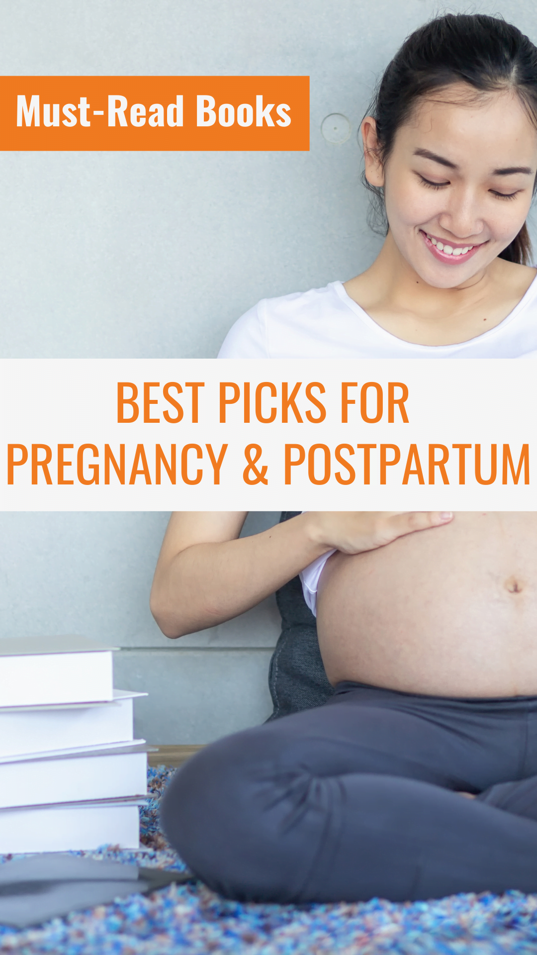 text overlaying image of pregnant woman reading with books stacked beside her