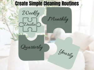 4 puzzles with text overlaying a tidy living room with plant