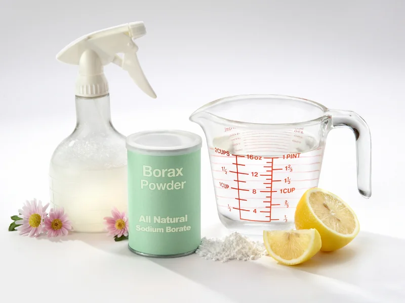 borax powder, spray bottle, measuring cup, flowers and sliced lemons