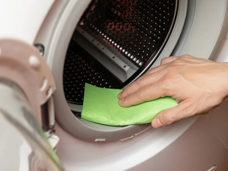 hand holding cloth wiping rubber seal of front load washing machine