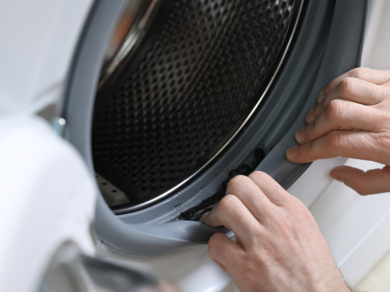 hands pulling back the rubber seal of a front load washer to show hair and gunk