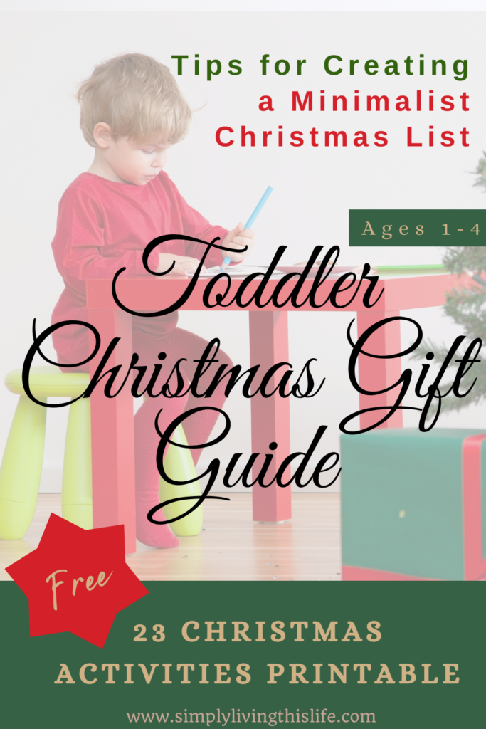 toddler boy in red at small red table using a blue pencil crayon near a Christmas tree. Words "Tips for creating a minimalist Christmas list ages 1-4 toddler Christmas gift guide, Free 23 Christmas Activities Printable" overtop of image.