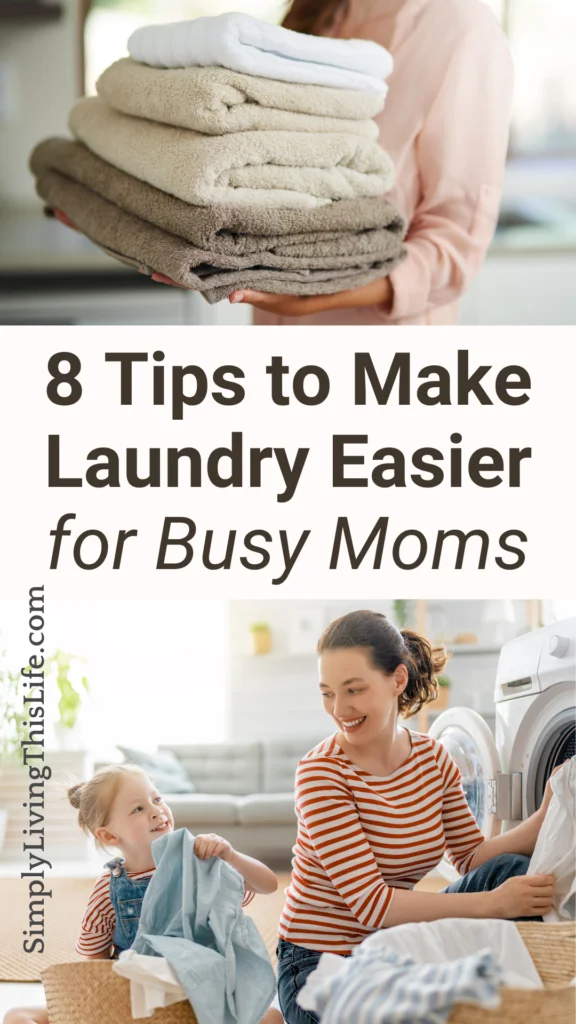 2 images split between words. Woman holding pile of folded towels. Mom and daughter smiling doing laundry together.