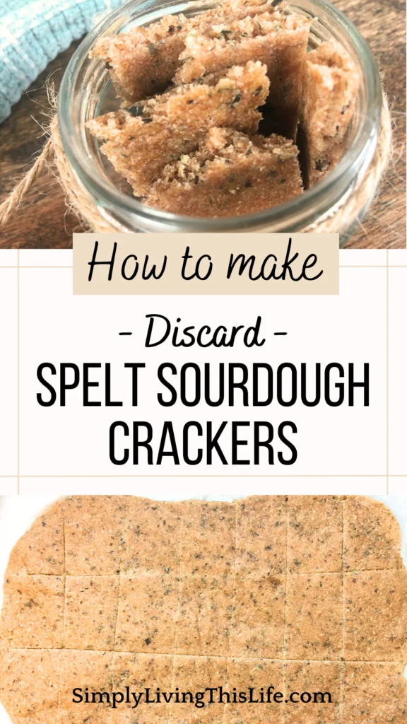 two images of spelt sourdough discard crackers with text in between.