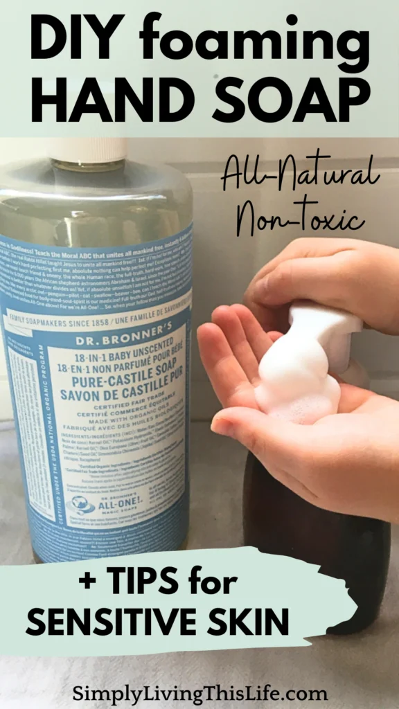 Text overlaying Dr. Bonner's Castile soap next to an amber foaming soap pump with a child's hands pumping soap.