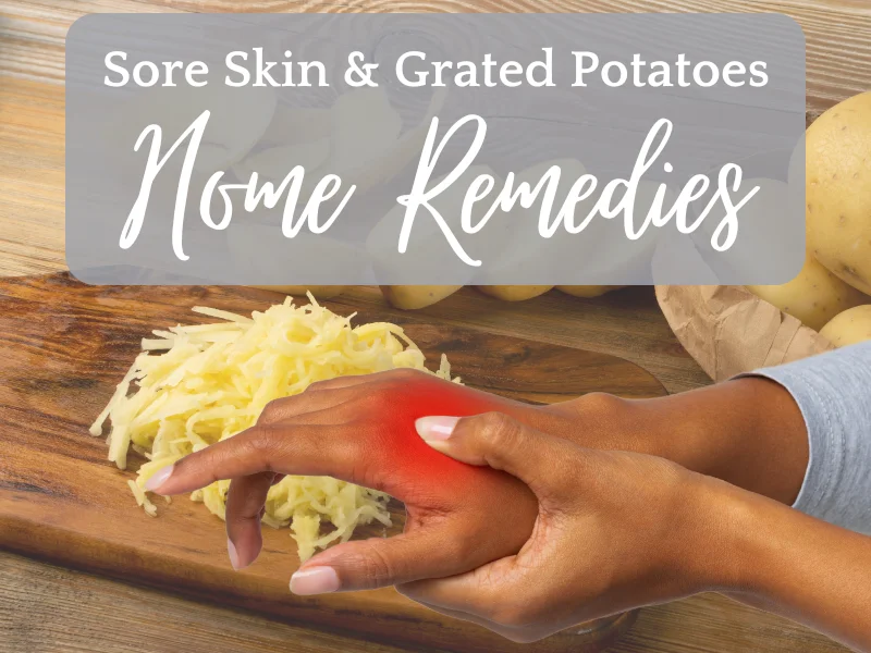 text overlaying sore/inflamed hands with grated potatoes on a brown cutting board