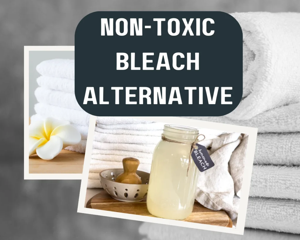 2 images of bleach alternative overlaying an image with white towels