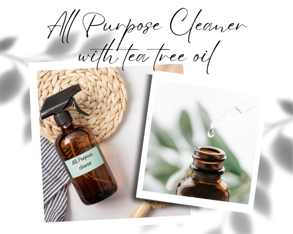 2 images one with all purpose natural home cleaner in glass amber spray bottle, the other an essential oil with leaves behind it.