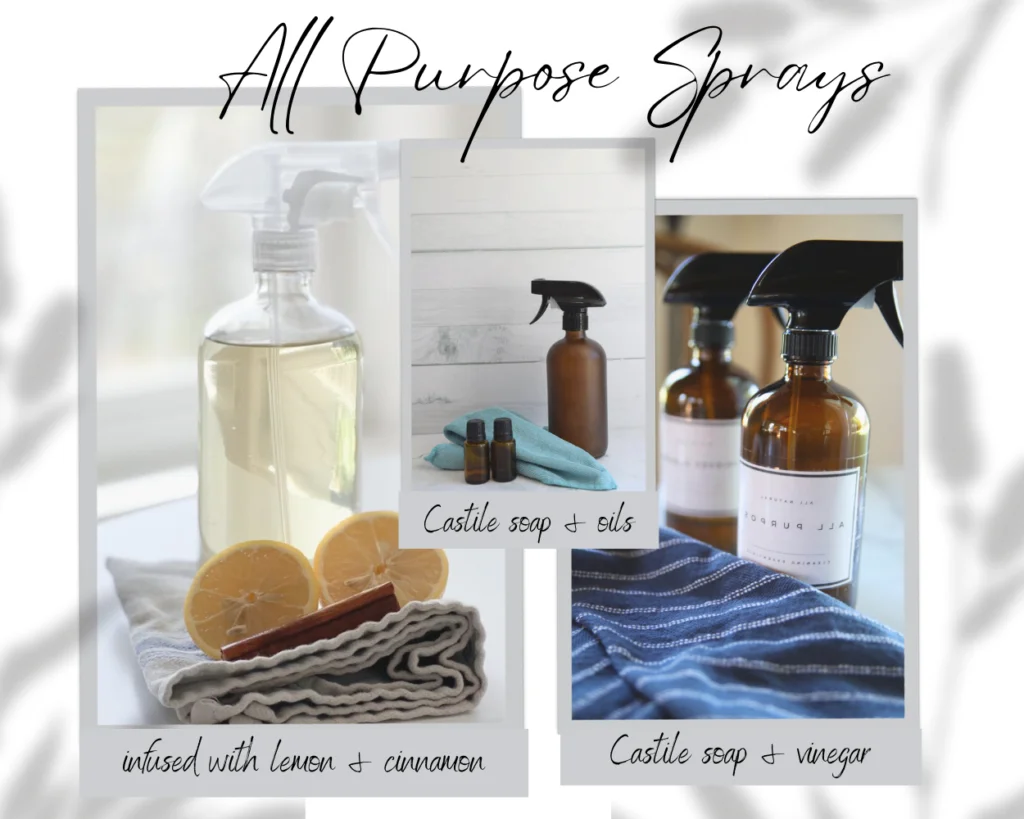 3 images of all purpose cleaning spray bottles with lemon and cinnamon and essential oils