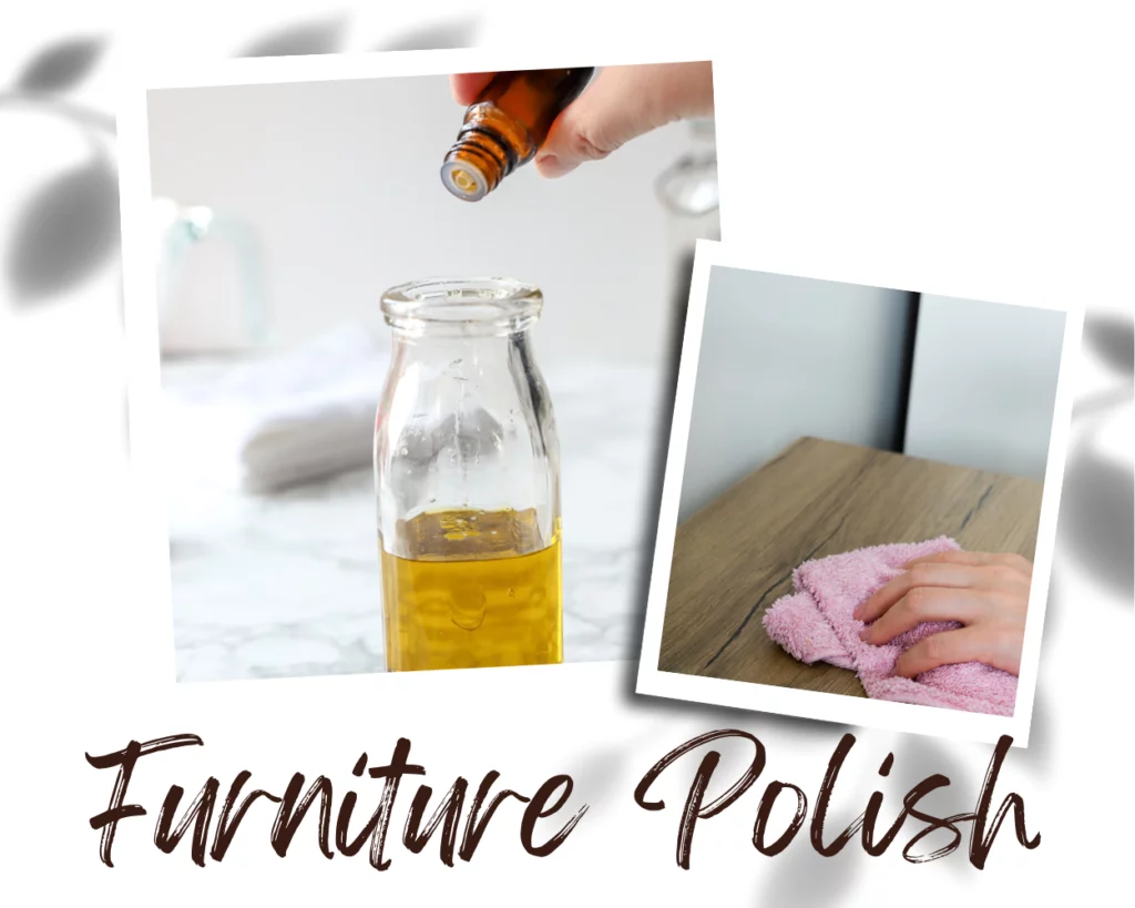 2 images of homemade furniture polish and hand polishing wood