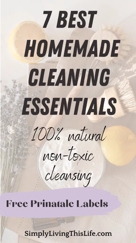 text overlaying image with baking soda, lemons, lavender, essential oils and cleaning brushes on it.