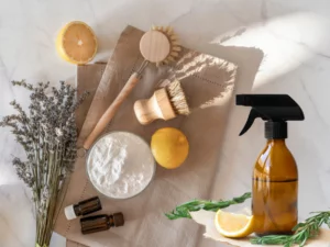 essential oils, natural fibre wooden scrub brushes, lemons, white powder, amber spray bottle, lavender on brown towel on white marble surface.