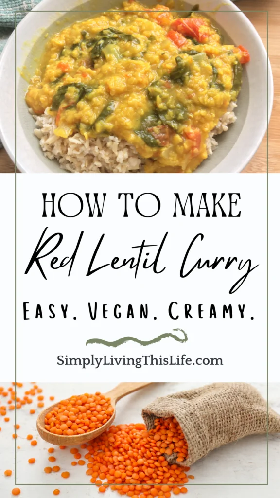 two images with text in between. Images of red lentils and red lentil curry on rice