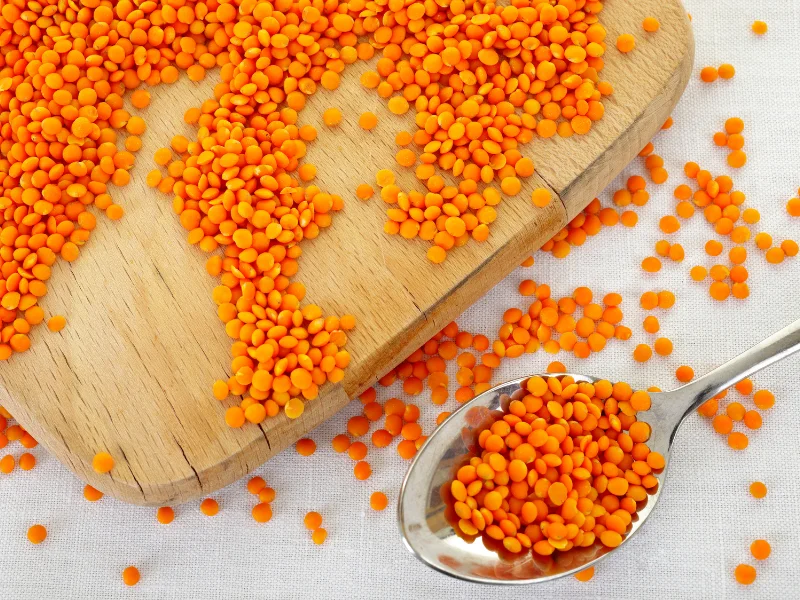 red lentils on a cutting board spilled onto a white counter and on a spoon