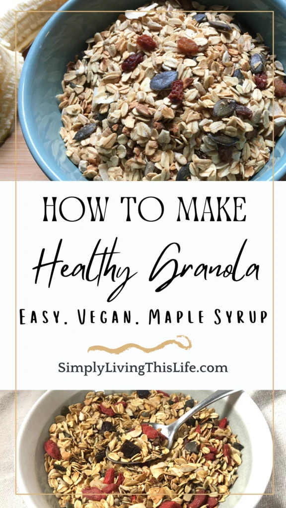 text with two images of granola in different bowls with raisins, goji berries, pumpkin seeds and a banana on the side.