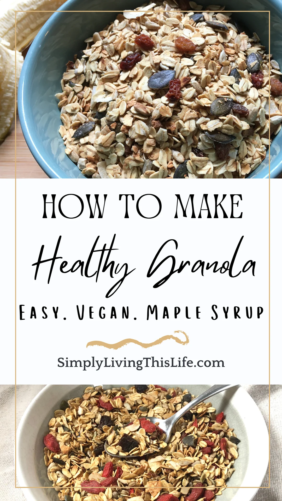 text with two images of granola in different bowls with raisins, goji berries, pumpkin seeds and a banana on the side.