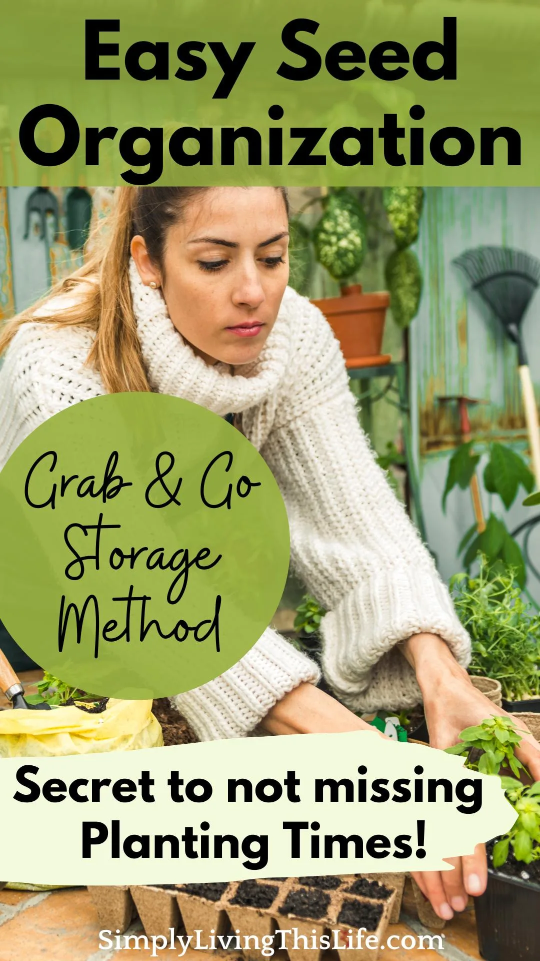 text overlaying woman planting seeds outside on wooden table in garden shed