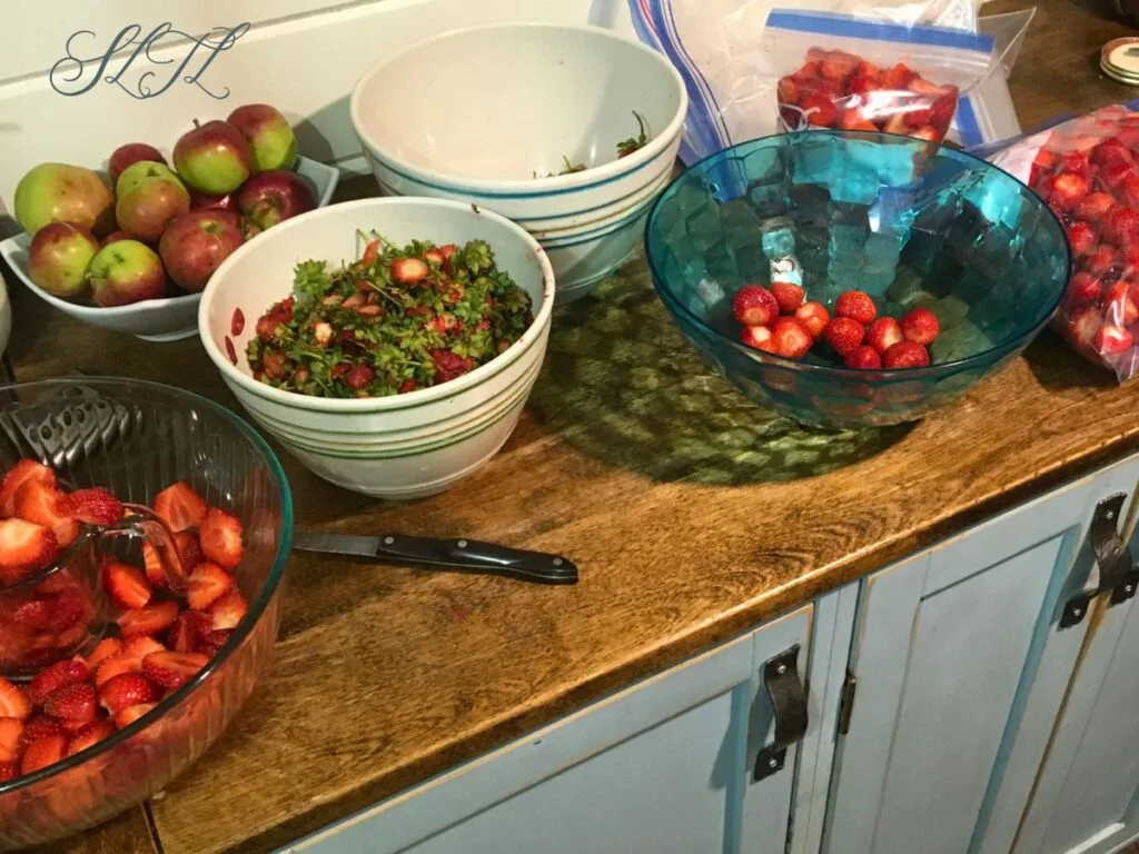 processing strawberries, bowl of cut strawberries, bowl with whole strawberries, bowl with just strawberry stems, ziplock bags of strawberries on a counter with a bowl of apples in the background