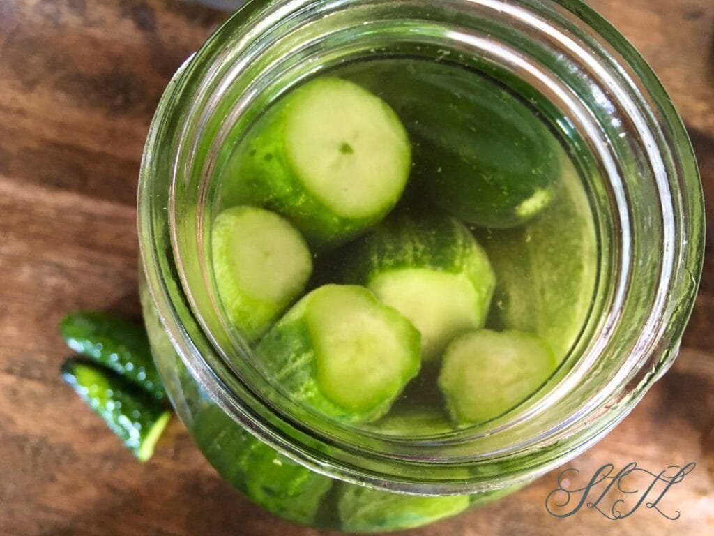 canning jar packed with raw cucumbers and fermenting salt brine with 2 cucumbers sitting beside it on the wooden counter