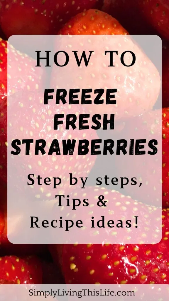 text overlaying fresh whole strawberries with stems off