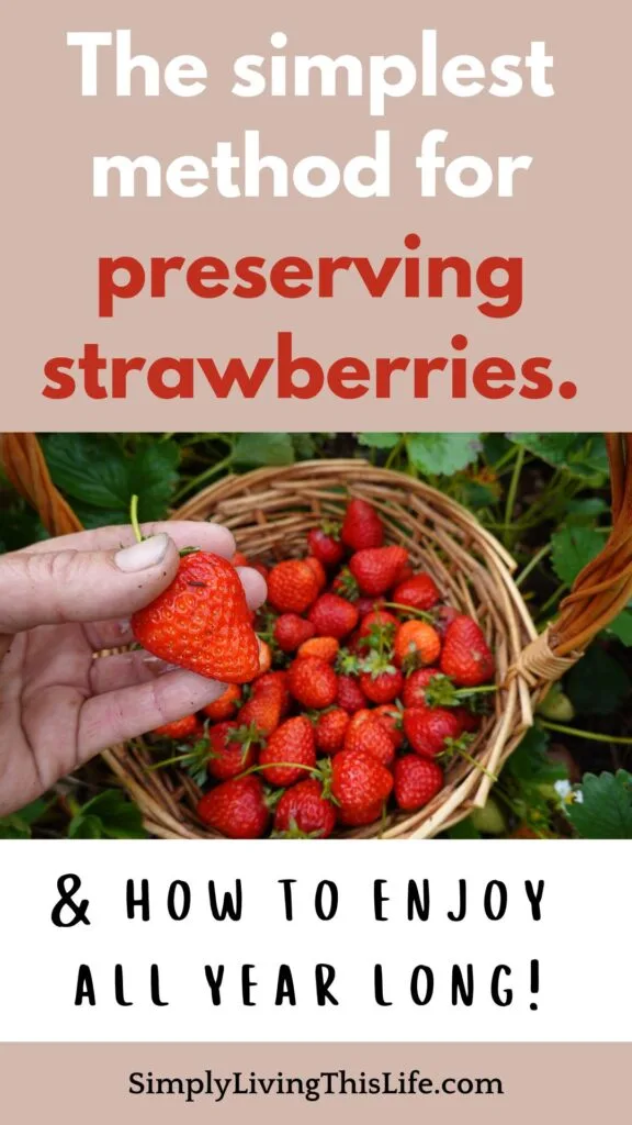 text with image of fresh strawberries in basket next to strawberry plants with hand holding a fresh strawberry