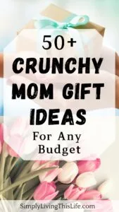 text over two images, one with a gift being handed to another persons hands & pink and white tulips