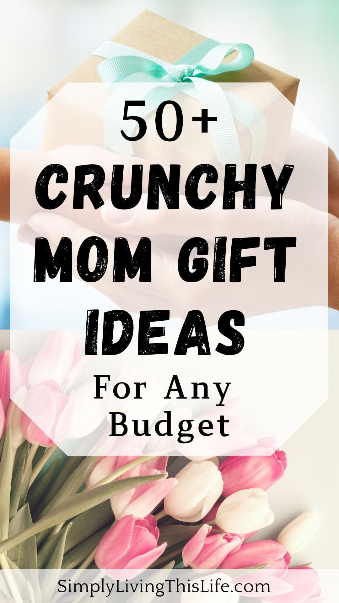 text over two images, one with a gift being handed to another persons hands & pink and white tulips