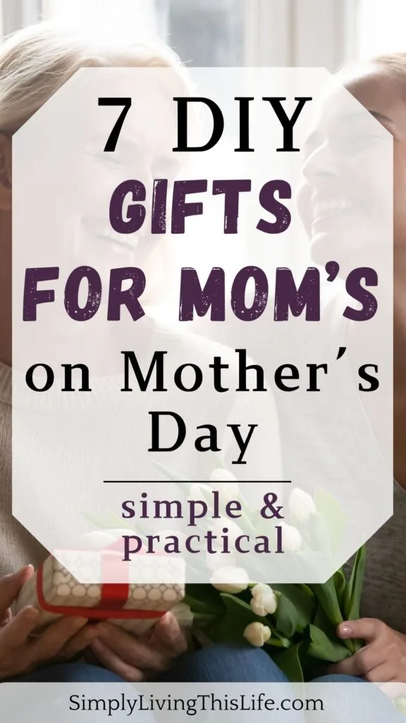 text overlaying image of a grown daughter giving her smiling mom white tulips and a wrapped gift