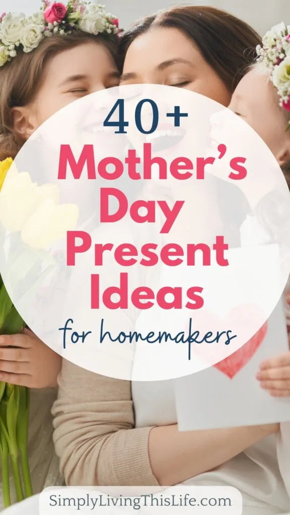 text overlaying an image of a mom with two girls wearing flowers giving her yellow tulips and a card with a pink heart on it