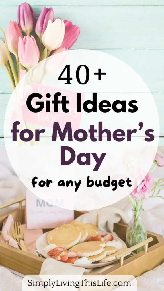 text overlaying two images. Image of pink and white tulips on a blue wooden background. Image of a wooden breakfast tray of pancakes in heart shapes with strawberries and a small vase of pink carnations with a card for pink mom on a bed.