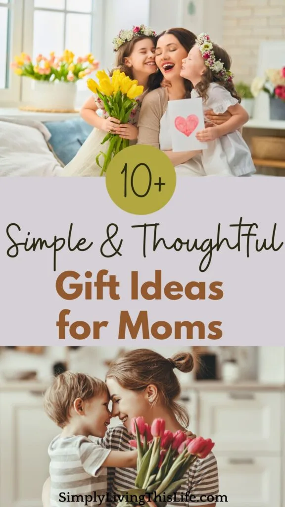 text in between two images. One of mom receiving yellow tulips and a card with a pink heart on it from two girls, the other image of a boy giving his mom pink tulips in the kitchen.