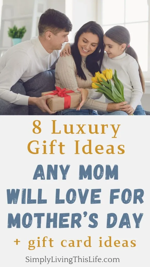 image of a dad giving a gift box and a girl giving flowers to a mom with text below