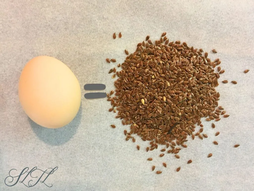 one chicken egg with equals sign pointing to pile of flaxseeds on white table