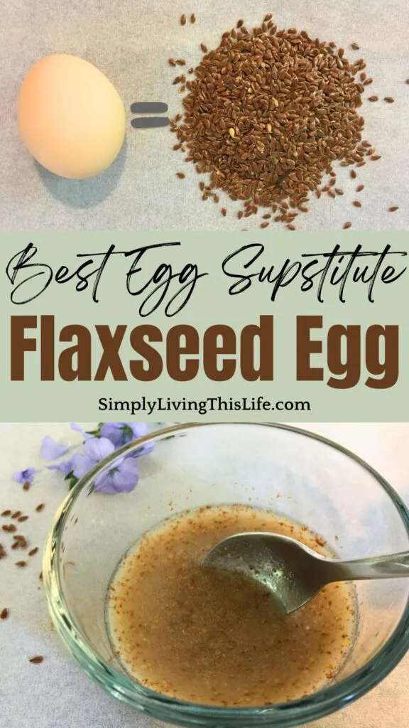 text in between two images. A chicken egg next to a pile of flaxseed. A flaxseed egg in glass bowl being mixed with a spoon with flax seeds and flaxseed flower in background on white table.