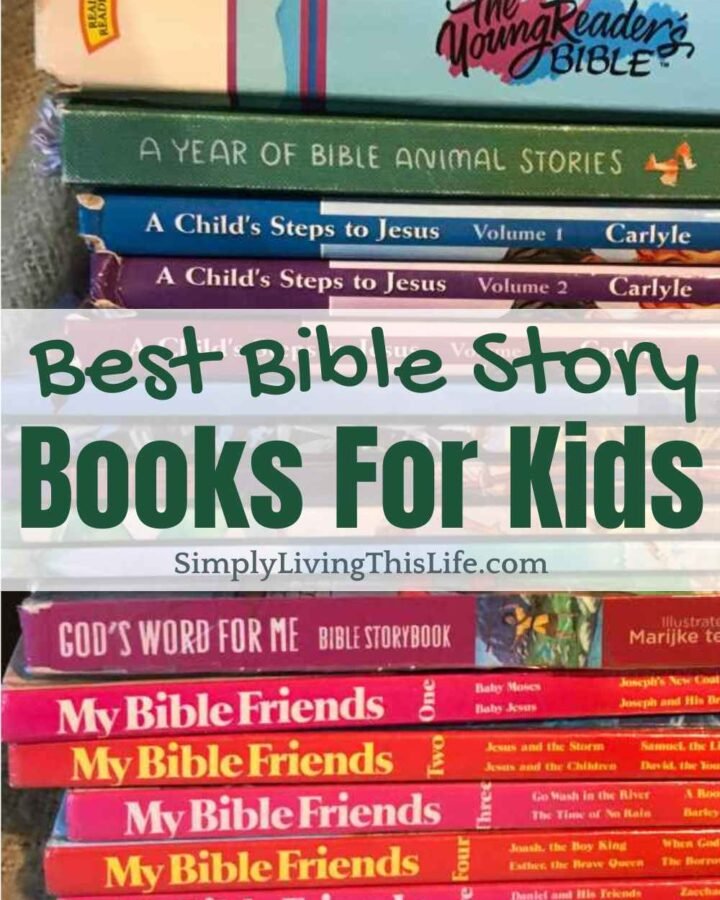 text overlaying stack of bible story books for kids