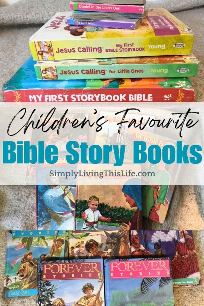 text overlaying three images of stacks and spreads of Bible story books