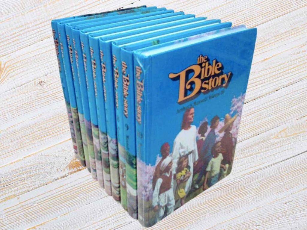 set of 10 bible story books on white wood background