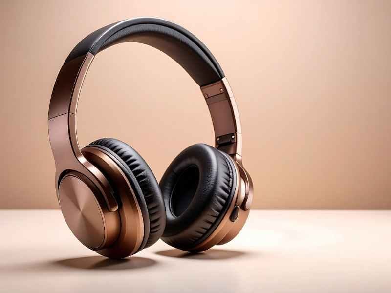 bronze and black headphones sitting on counter