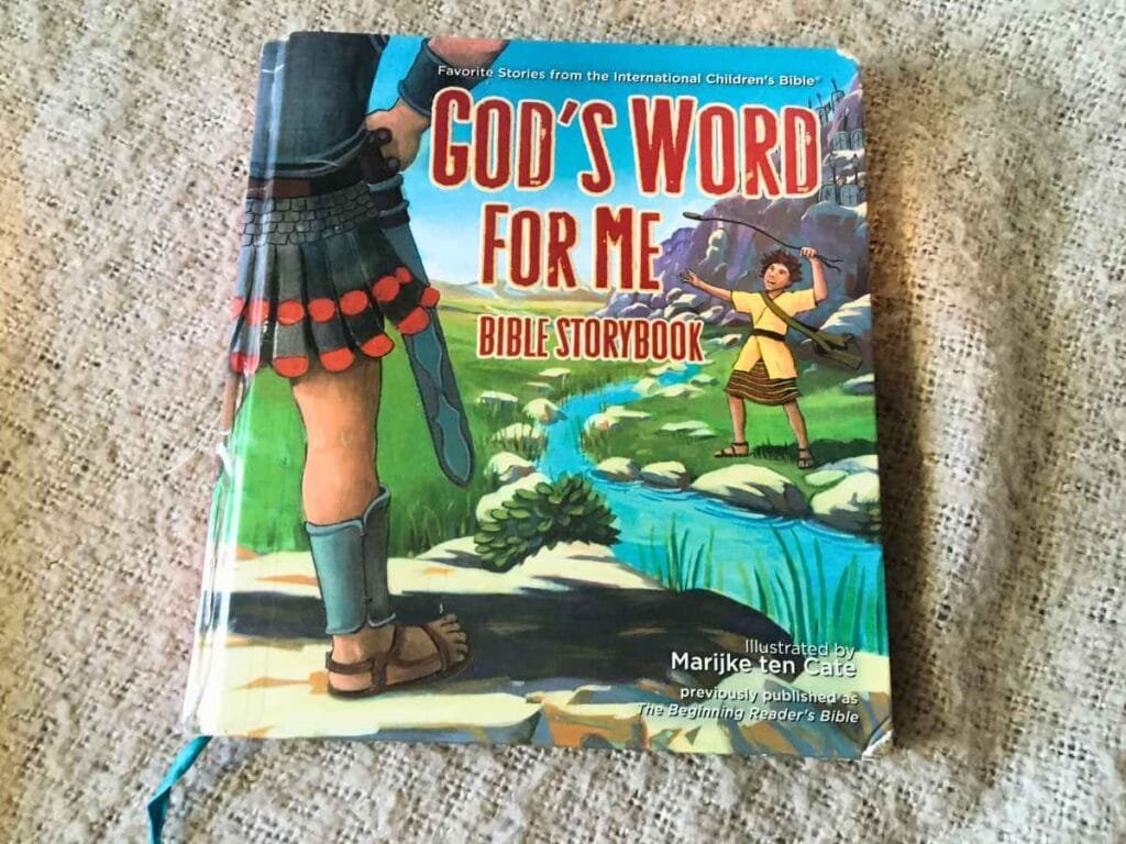 picture of bible story book front cover with David and Goliath on the front