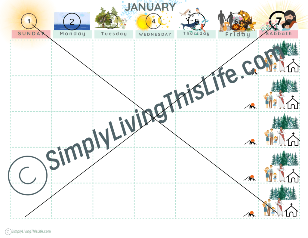 the month of January calendar for kids with the creation week at the top in images
