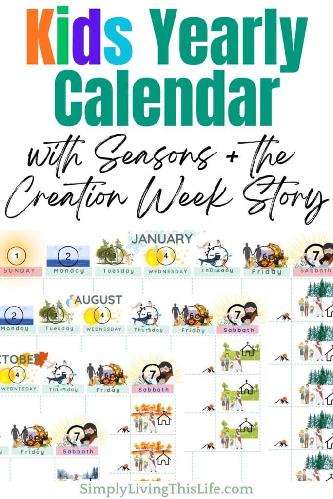 text with image of various seasons of months calendar for kids with the creation week at the top in images
