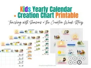 text with image of various seasons of months calendar for kids with the creation week at the top in images plus one of a creation week chart for kids and a matching monthly calendar with the same images at the top of each day