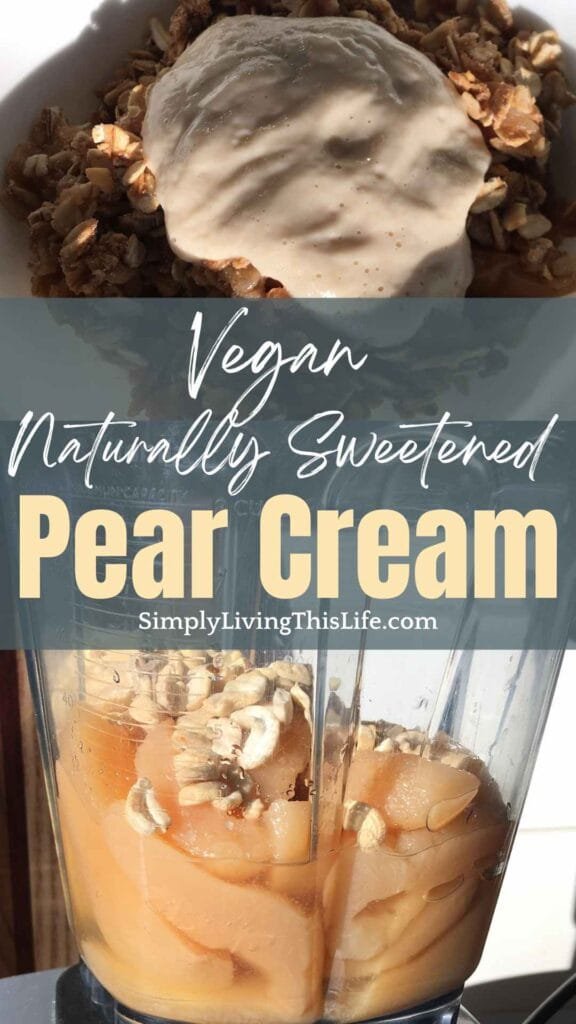 text overlaying two images of vegan pear cream on top of vegan apple crisp, cashews, pears and salt in a Vitamix blender side view