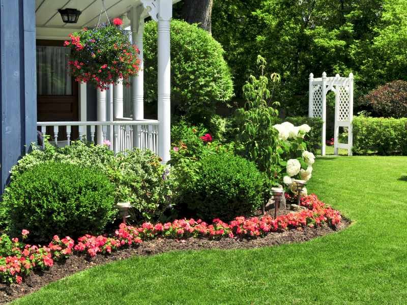 flower bed and bushes surrounding a white deck in font of a house