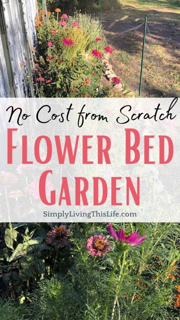 text overlaying image of new flower bed with zinnias and cosmos, other perennial flowers and a rock border