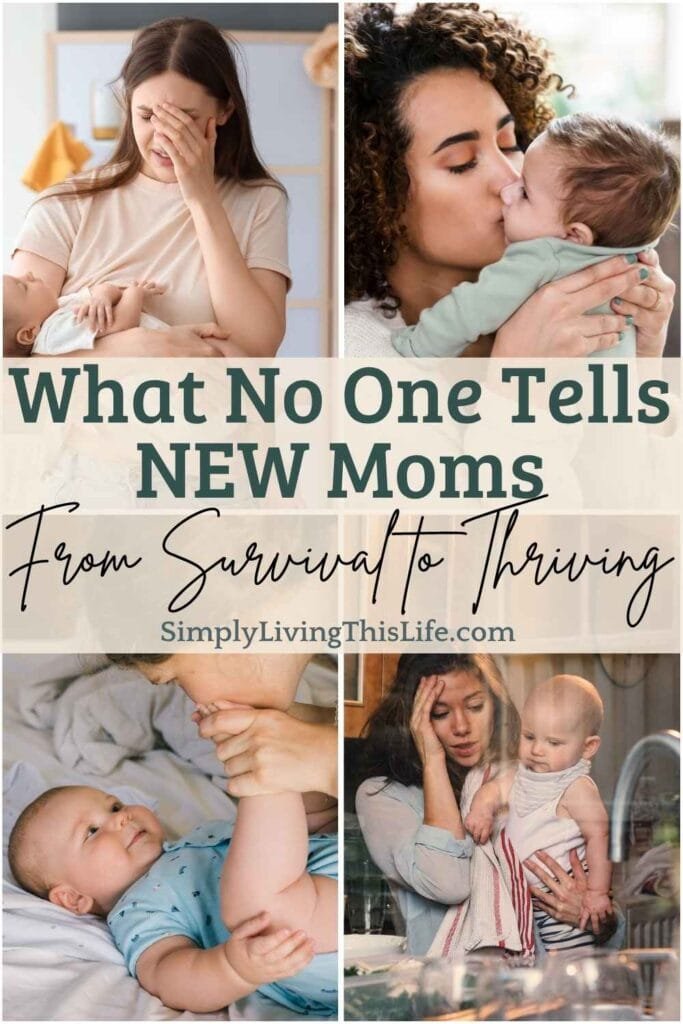 text overlaying 4 images of happy and overwhelmed moms with young babies and newborns