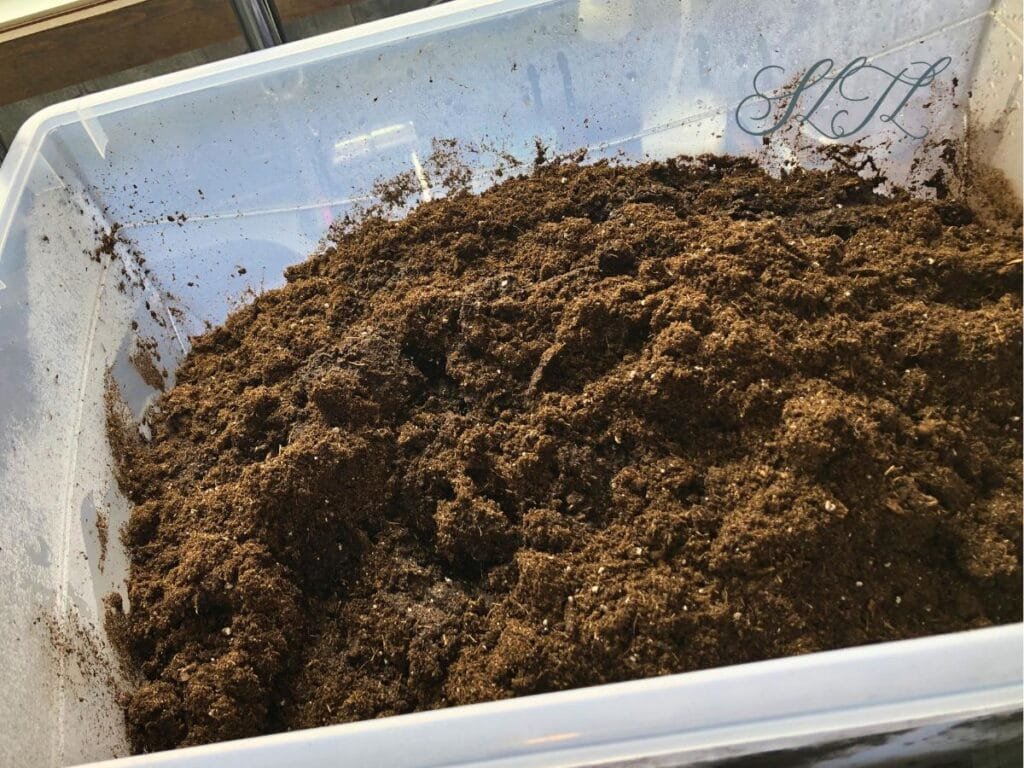 tub of dry seed starting soil mix